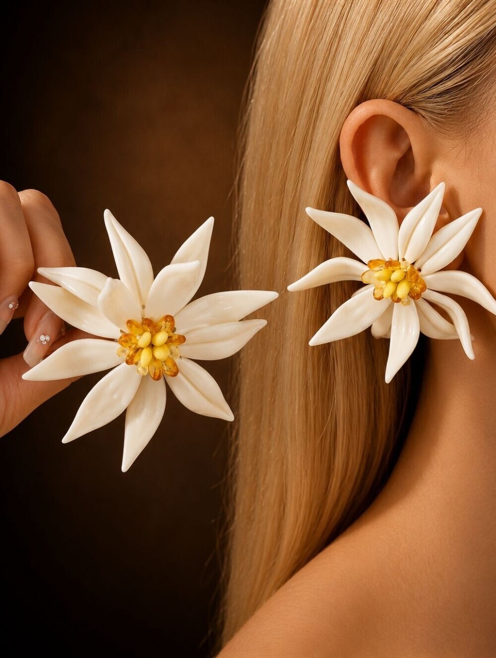 Cream Floral Statement Earrings with Yellow Center
